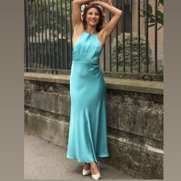 Anthropology Pinko Turquoise Blue High Neck Satin Slip Dress Medium It42/Us6 - Picture 12 of 16